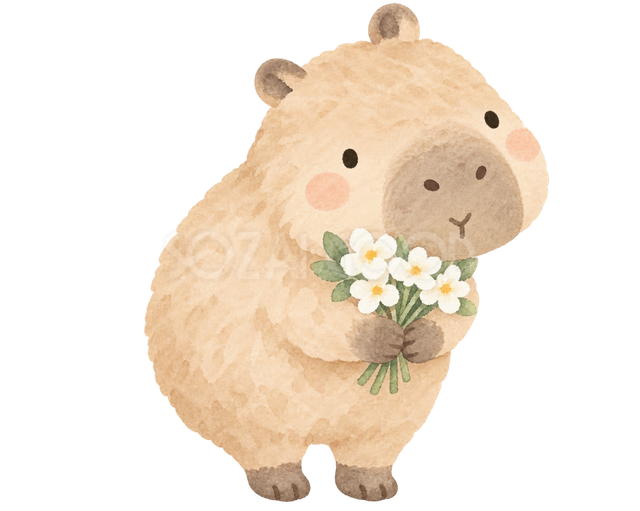 花束を抱えてお礼するカピバラ