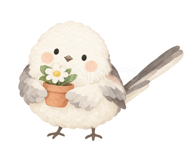 両手で花鉢を渡すシマエナガ