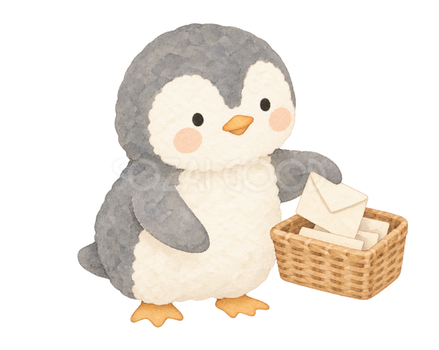 封筒をかごに入れるペンギン
