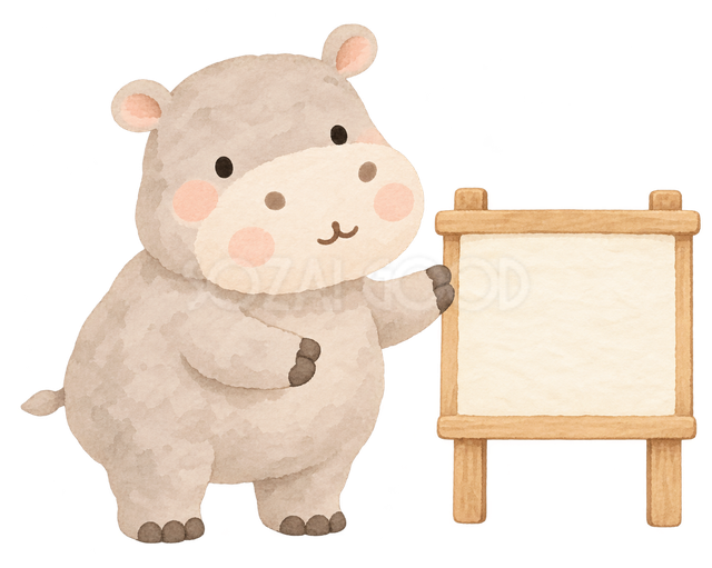 お知らせボードを紹介するカバ