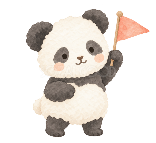 小旗を振って応援するパンダ
