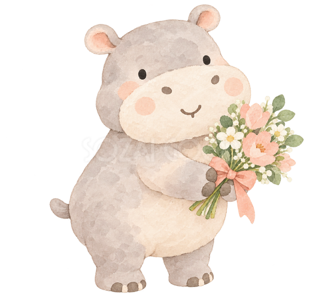 花束で健闘をたたえるカバ
