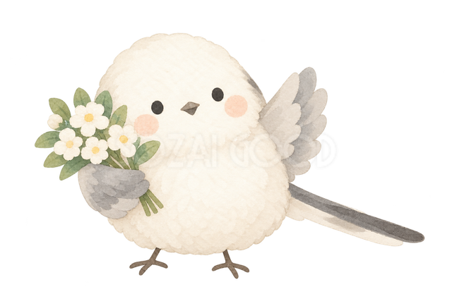 花束を抱えて手を振るシマエナガ