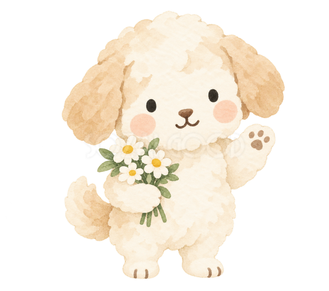 花束で迎える犬