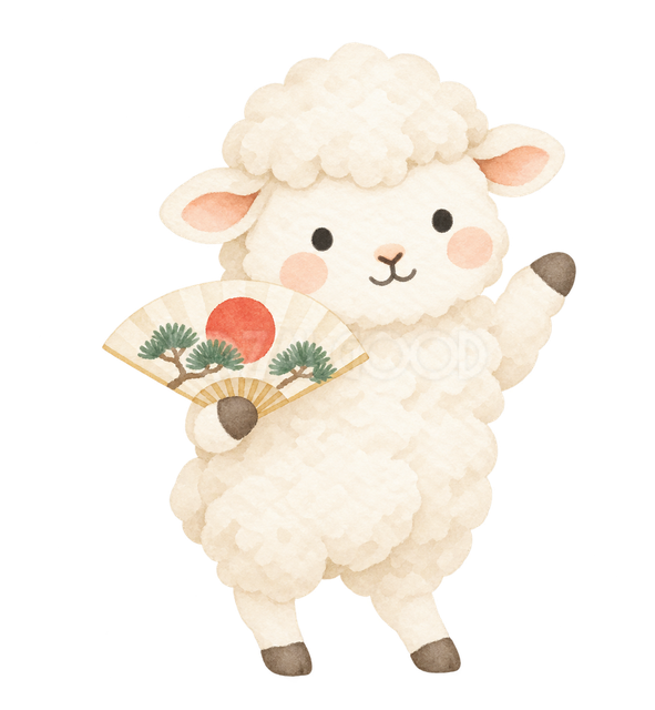 迎春の小さな扇を掲げる羊