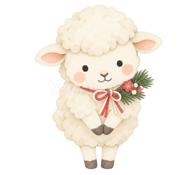 松を添えて新年のお礼をする羊