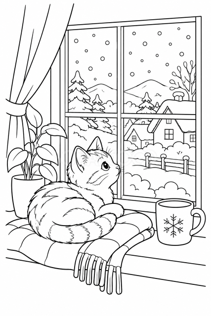 雪を見るねこの塗り絵