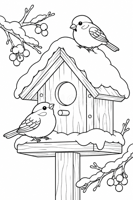 冬の鳥の家の塗り絵