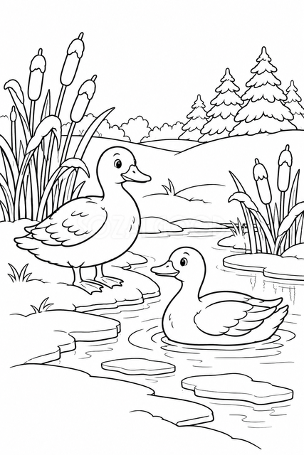 池の水鳥の塗り絵