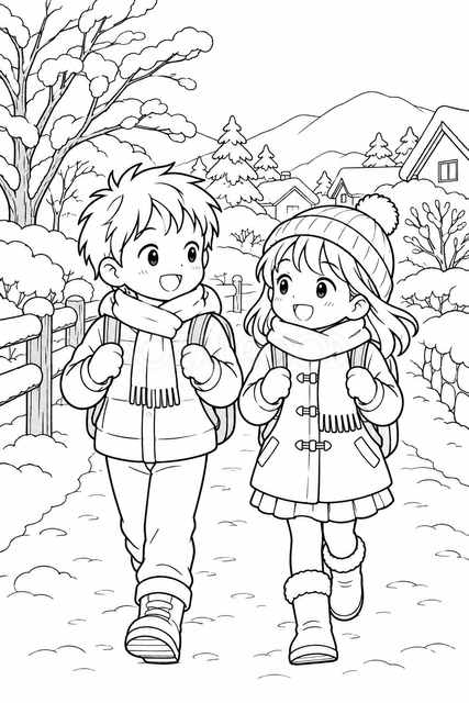 雪の日の通学の塗り絵