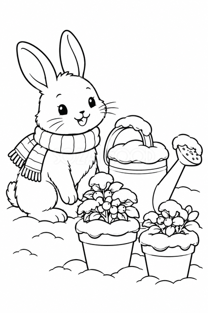 冬の庭のうさぎの塗り絵