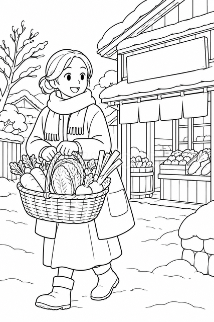 冬の買い物の塗り絵
