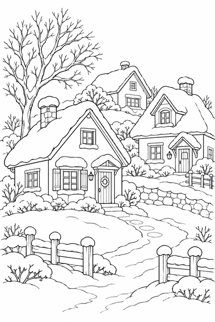 雪の家並みの塗り絵