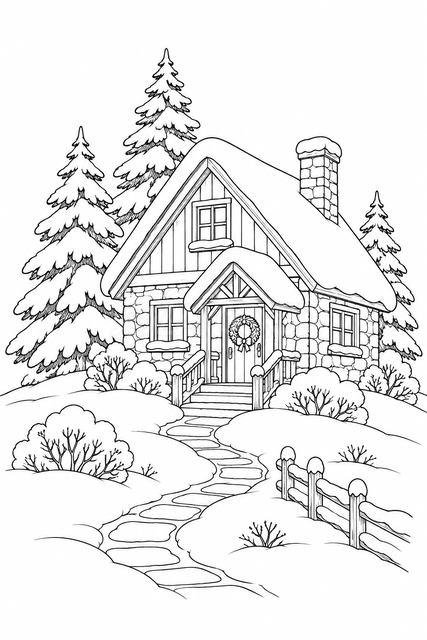 雪の丘の家の塗り絵