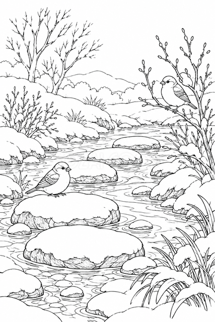 冬の川辺の塗り絵