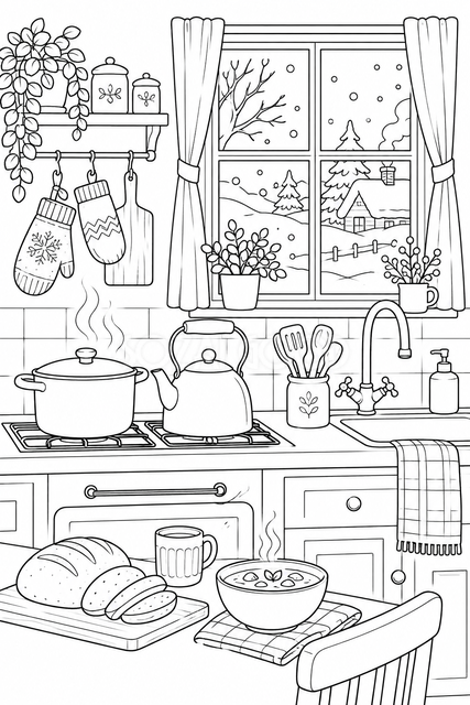 冬の台所の塗り絵