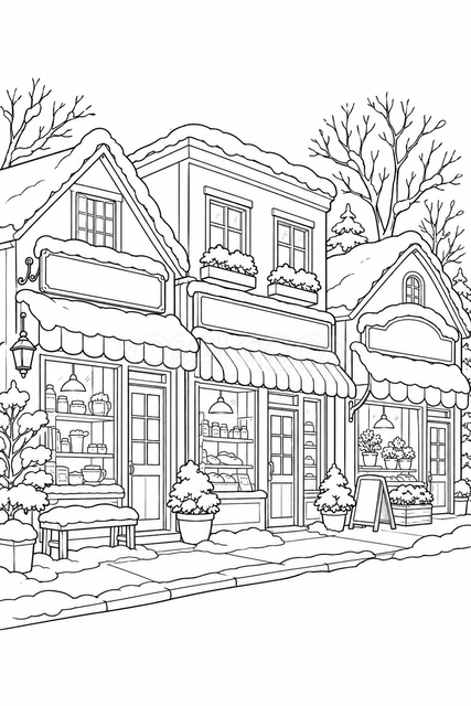 雪の商店街の塗り絵