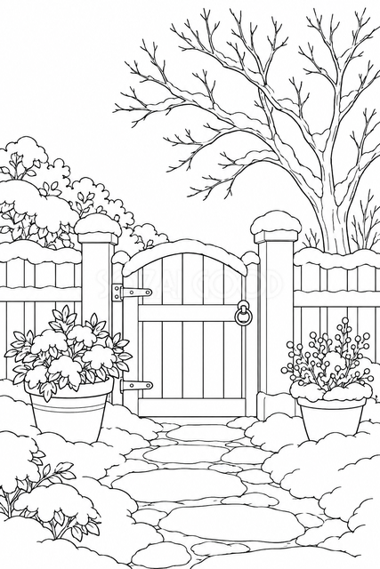 雪の庭の塗り絵