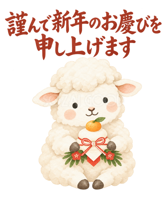 「謹んで新年のお慶びを申し上げます」の文字と羊