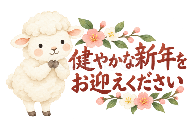 「健やかな新年をお迎えください」の文字と羊
