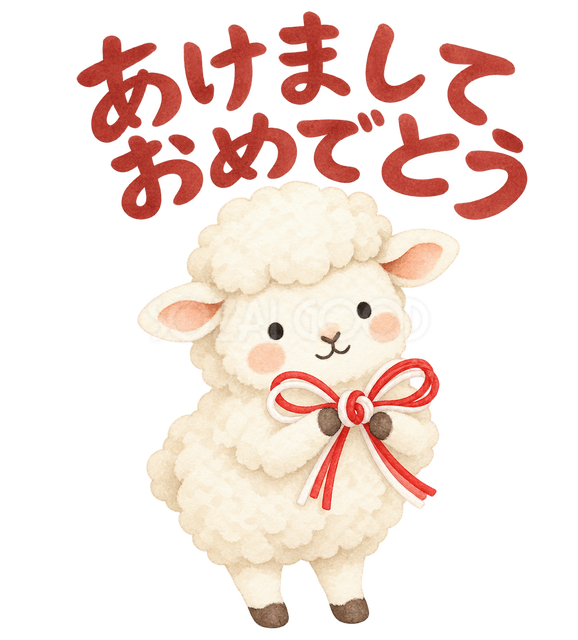 「あけましておめでとう」の文字と紅白結びを持つ羊