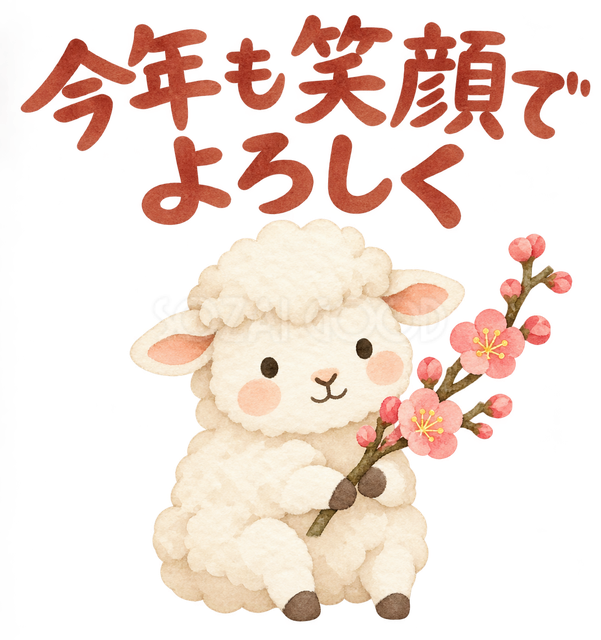 「今年も笑顔でよろしく」の文字と羊