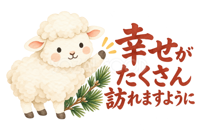 「幸せがたくさん訪れますように」の文字と羊
