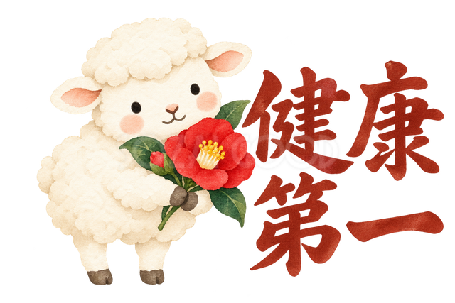 「健康第一」の文字と羊