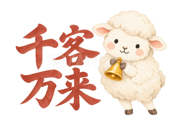 「千客万来」の文字と羊
