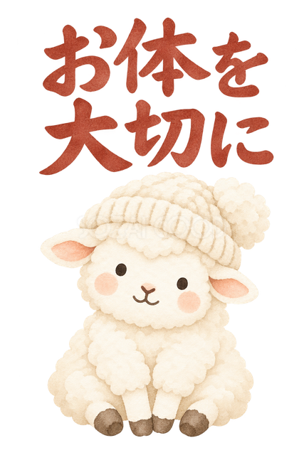 「お体を大切に」の文字と羊