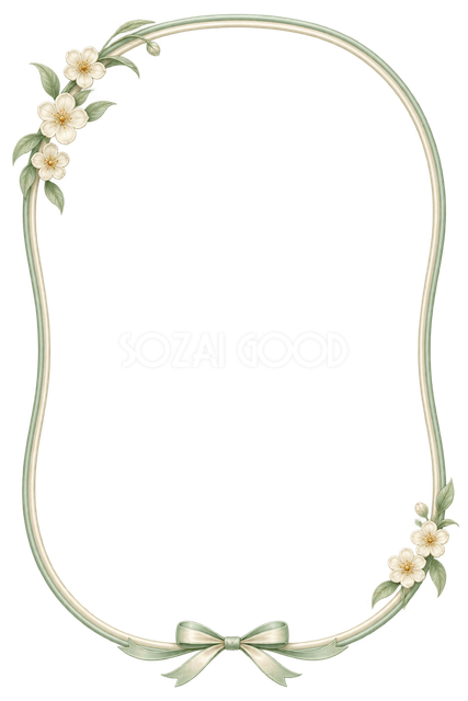淡緑のリボンと葉を左上と右下に添えた小さなリボンと結び線の縦長フレーム