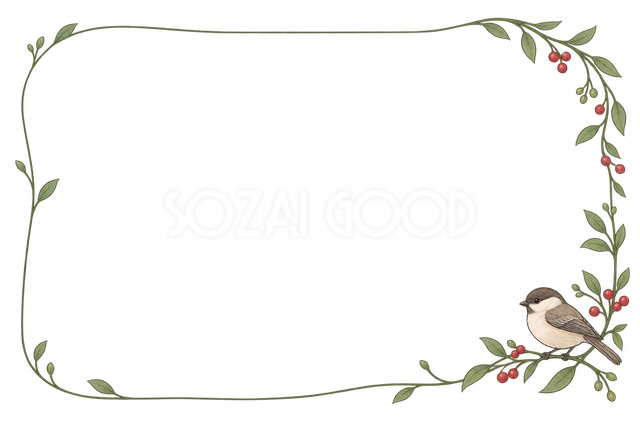 右辺下1/3の小鳥と小さい木の実・小鳥と小枝の横長フレーム