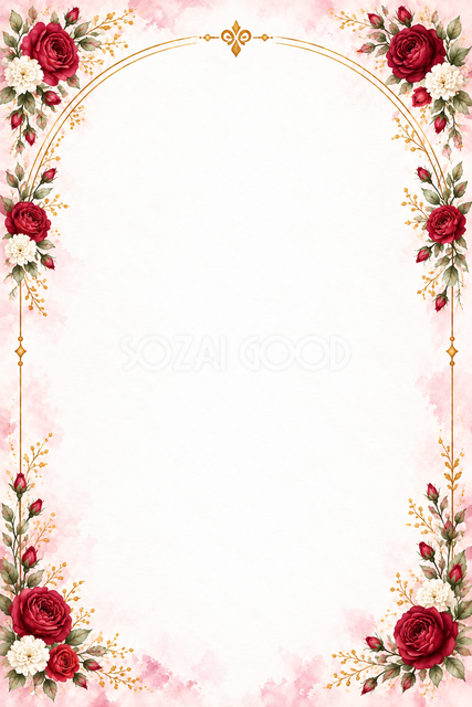 赤のバラと四隅の花と金のアーチの縦長カード