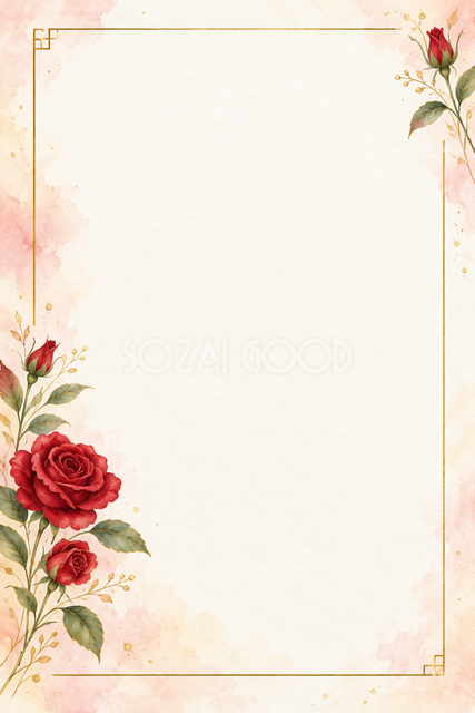 赤のバラと対角の花飾りの縦長カード