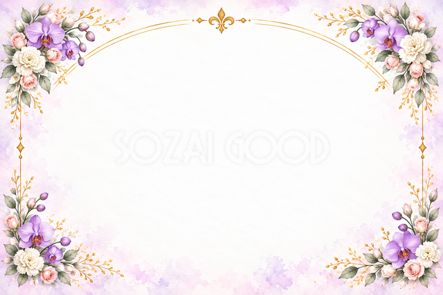 紫の胡蝶蘭と四隅の花と金のアーチの横長カード