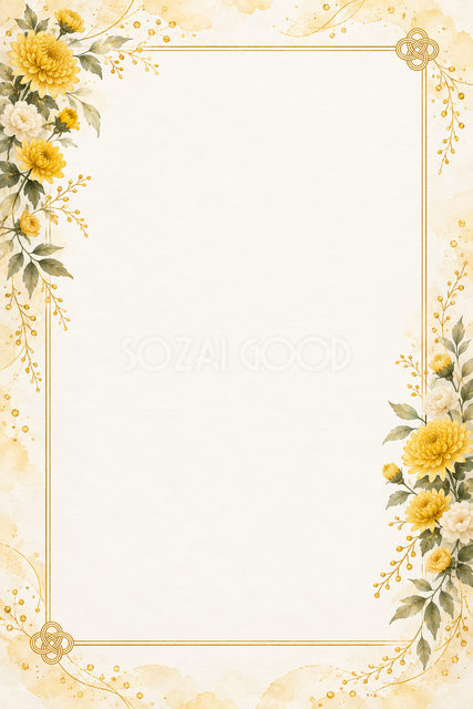 黄色・金色の菊と両側の花飾りの縦長カード