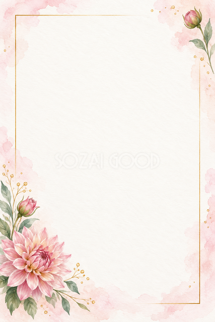 ピンクのダリアと対角の花飾りの縦長カード