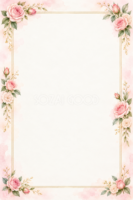 ピンクのバラと両側の花飾りの縦長カード