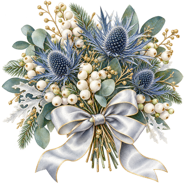 白い実と銀のリボンの花束