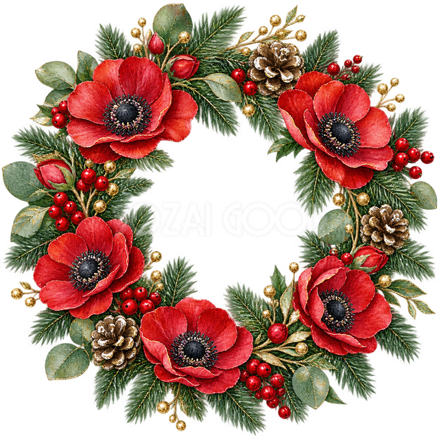 赤いアネモネのクリスマスリース
