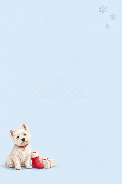 白い犬と赤い靴下のクリスマスカード