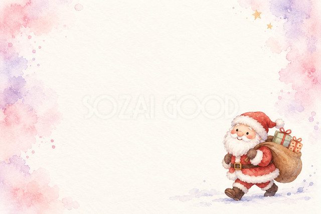 贈り物を運ぶサンタの水彩クリスマスメッセージカード