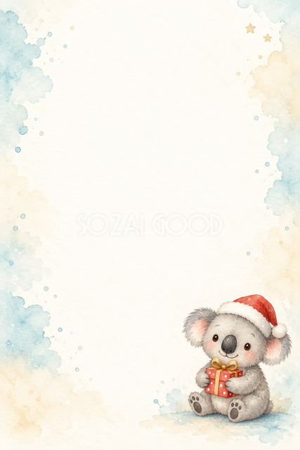 コアラと赤い包みの水彩クリスマスメッセージカード