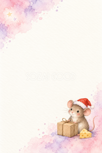 ねずみとチーズの贈り物の水彩クリスマスメッセージカード