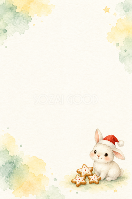 サンタ帽のうさぎと星のクッキーの水彩クリスマスメッセージカード