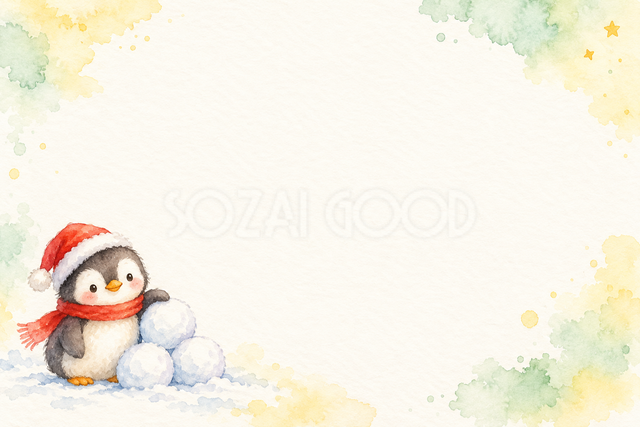 ペンギンと雪玉の水彩クリスマスメッセージカード