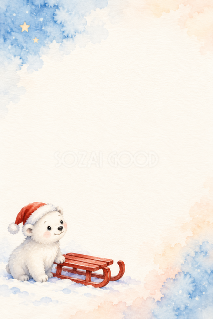 しろくまと小さなそりの水彩クリスマスメッセージカード