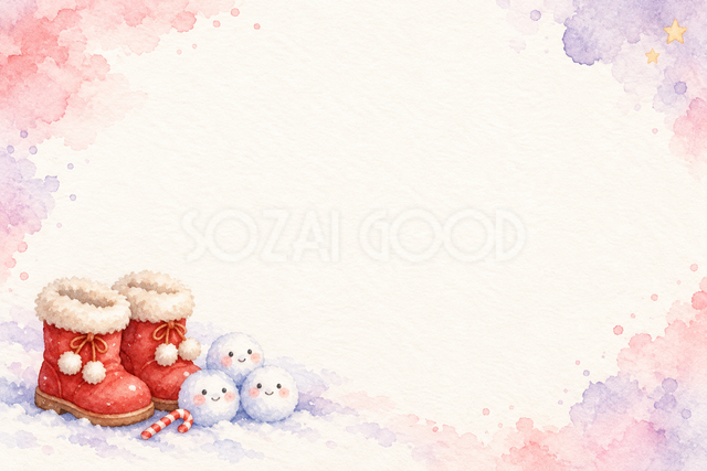 赤い長靴と雪玉の水彩クリスマスメッセージカード