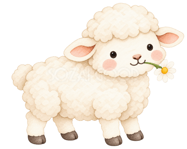 小さな花をくわえる羊