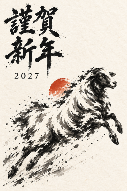 空へ跳ぶ羊の墨絵年賀状